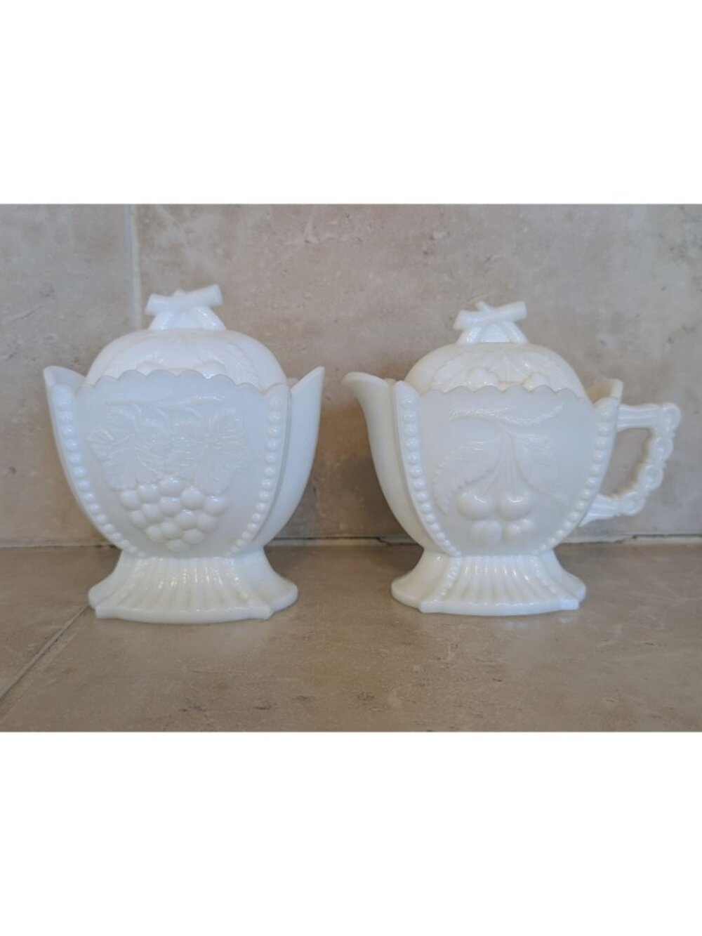 Vintage Westmoreland Milk Glass "Cherry and Grape" Covered Creamer and Sugar Set
